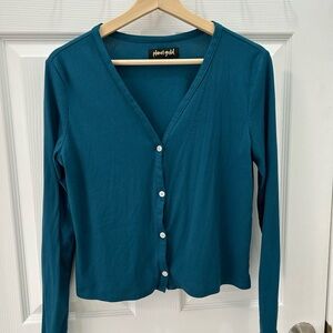 Planet Gold Teal Ribbed V-Neck Button-Up Long Sleeve Top